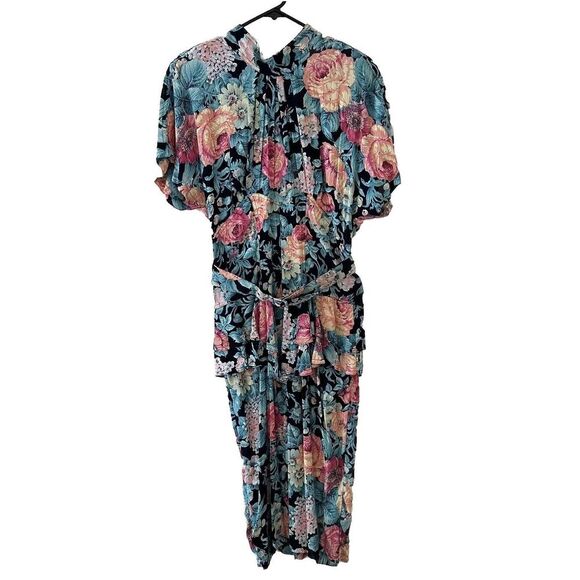 Vintage Karen Alexander Pintuck Ruffle Peplum Floral Viscose BeltedSlit Dress 10 - Picture 1 of 16
